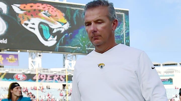 Jacksonville Jaguars head coach Urban Meyer and quarterback Trevor Lawrence (16) walks off the field after Sunday's loss to the 49ers. The Jacksonville Jaguars hosted the San Francisco 49ers Friday, November 21, 2021, at TIAA Bank Field in Jacksonville, Florida. The Jaguars went into the half trailing 20 to 3 and lost with a final score of 30 to 10.

Jki 112121 Bsjagsvs49ers 10