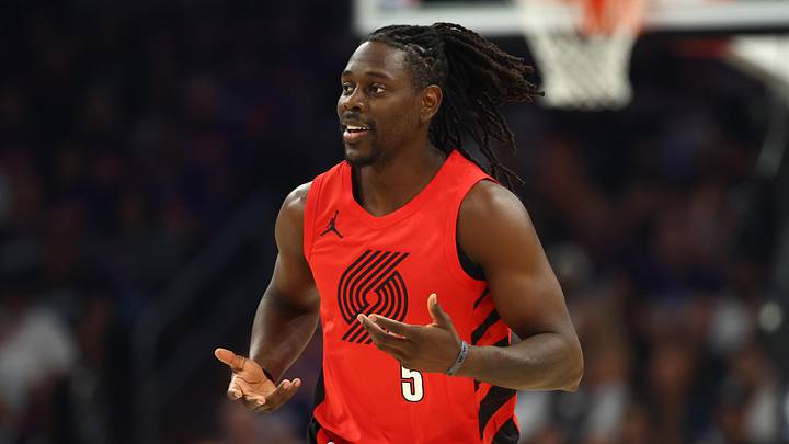 Apr 14, 2026; Phoenix, Arizona, USA; Portland Trail Blazers guard Jrue Holiday (5) reacts against the Phoenix Suns in the first half during the play-in rounds of the 2026 NBA Playoffs at Mortgage Matchup Center. Mandatory Credit: Mark J. Rebilas-Imagn Images