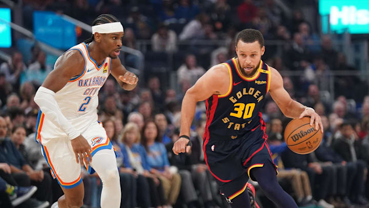 Jan 29, 2025; San Francisco, California, USA; Golden State Warriors guard Stephen Curry (30) dribbles the ball against Oklahoma City Thunder guard Shai Gilgeous-Alexander (2) in the first quarter at the Chase Center. Mandatory Credit: Cary Edmondson-Imagn Images Jan 29, 2025; San Francisco, California, USA; Golden State Warriors guard Stephen Curry (30) dribbles the ball against Oklahoma City Thunder guard Shai Gilgeous-Alexander (2) in the first quarter at the Chase Center. Mandatory Credit: Cary Edmondson-Imagn Images
