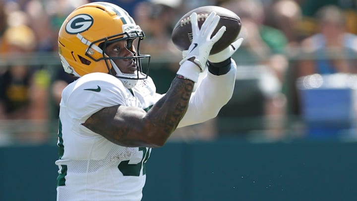 Green Bay Packers MarShawn Lloyd (32) participates in drills during the fifth day of training camp on July 28, 2025, at Ray Nitschke Field in Ashwaubenon, Wis.