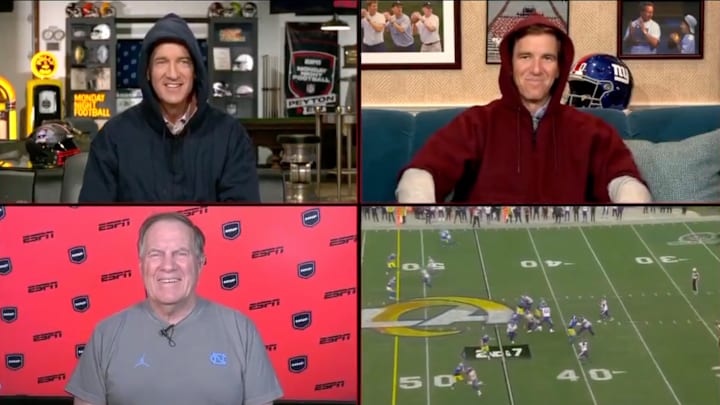 Peyton and Eli Manning talk to Bill Belichick during the "Manningcast."