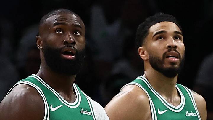 Mar 6, 2026; Boston, Massachusetts, USA; Boston Celtics guard Jaylen Brown (7) and forward Jayson Tatum (0) watch the Jumbotron during the second quarter against the Dallas Mavericks at TD Garden. Mandatory Credit: Winslow Townson-Imagn Images