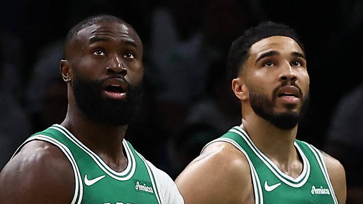 Mar 6, 2026; Boston, Massachusetts, USA; Boston Celtics guard Jaylen Brown (7) and forward Jayson Tatum (0) watch the Jumbotron during the second quarter against the Dallas Mavericks at TD Garden. Mandatory Credit: Winslow Townson-Imagn Images