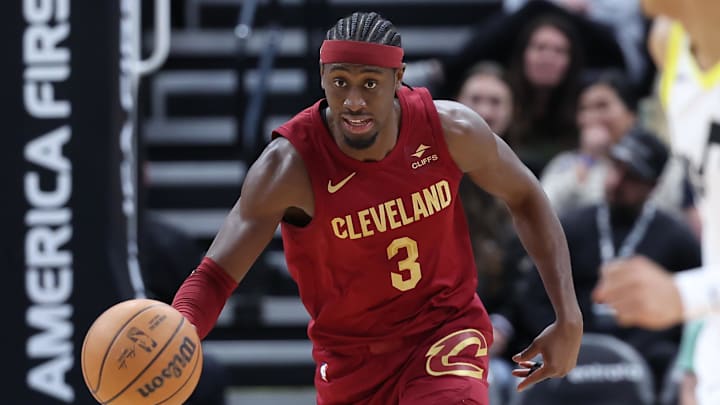 Apr 2, 2024; Salt Lake City, Utah, USA; Cleveland Cavaliers guard Caris LeVert (3) brings the ball up the court against the Utah Jazz during the second quarter at Delta Center. Mandatory Credit: Rob Gray-Imagn Images Apr 2, 2024; Salt Lake City, Utah, USA; Cleveland Cavaliers guard Caris LeVert (3) brings the ball up the court against the Utah Jazz during the second quarter at Delta Center. Mandatory Credit: Rob Gray-Imagn Images