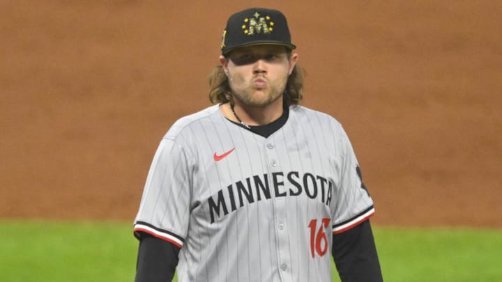 May 17, 2024; Cleveland, Ohio, USA; Minnesota Twins relief pitcher Steven Okert (16) reacts in the sixth inning against the Cleveland Guardians at Progressive Field May 17, 2024; Cleveland, Ohio, USA; Minnesota Twins relief pitcher Steven Okert (16) reacts in the sixth inning against the Cleveland Guardians at Progressive Field