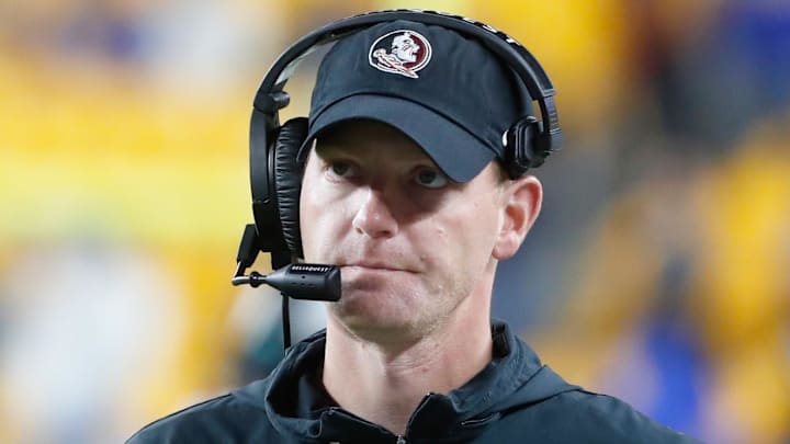 Nov 4, 2023; Pittsburgh, Pennsylvania, USA;  Florida State Seminoles senior offensive analyst of quarterbacks Austin Tucker looks on against the Pittsburgh Panthers during the fourth quarter at Acrisure Stadium. Mandatory Credit: Charles LeClaire-Imagn Images