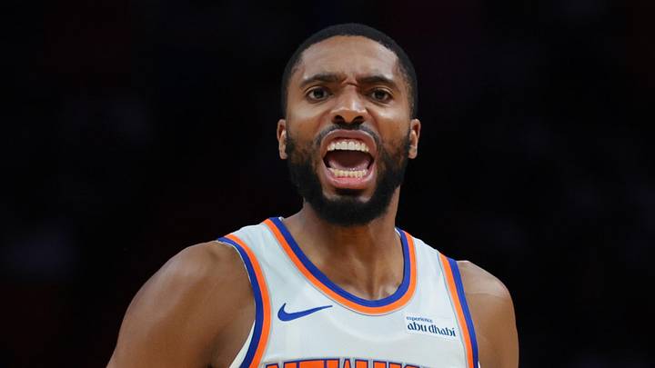 Oct 26, 2025; Miami, Florida, USA; New York Knicks guard Mikal Bridges (25) reacts against the Miami Heat during the first quarter at Kaseya Center. Mandatory Credit: Sam Navarro-Imagn Images