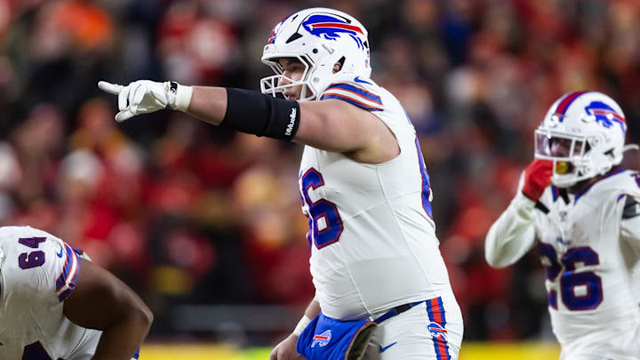 Buffalo Bills guard Connor McGovern (66) against the Kansas City Chiefs during the AFC Championship game at GEHA Field at Arrowhead Stadium.