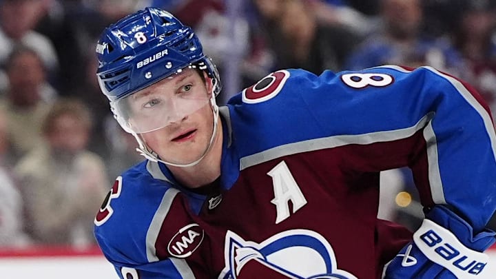 Mar 10, 2026; Denver, Colorado, USA; Colorado Avalanche defenseman Cale Makar (8) passes the puck in the second period against the Edmonton Oilers at Ball Arena. Mandatory Credit: Ron Chenoy-Imagn Images