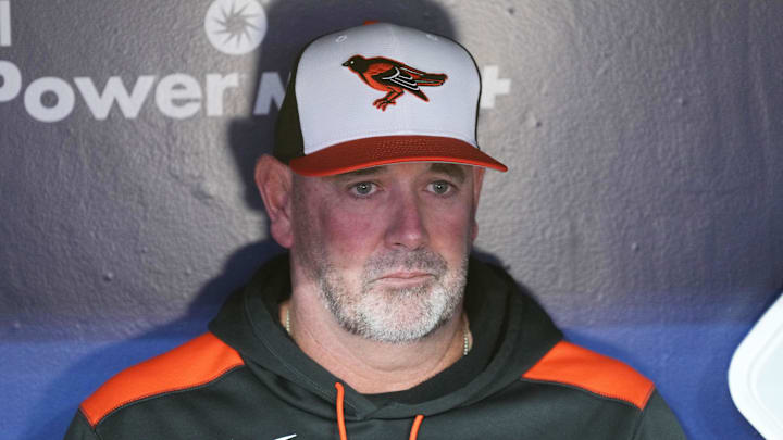 Mar 27, 2025; Toronto, Ontario, CAN; Baltimore Orioles manager Brandon Hyde (18) speaks with the media during batting practice before the opening day game of the Toronto Blue Jays at Rogers Centre. Mandatory Credit: Nick Turchiaro-Imagn Images