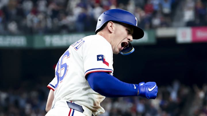 Apr 5, 2025; Arlington, Texas, USA; Texas Rangers left fielder Wyatt Langford (36) reacts after hitting a two-run home run during the seventh inning against the Tampa Bay Rays at Globe Life Field. Apr 5, 2025; Arlington, Texas, USA; Texas Rangers left fielder Wyatt Langford (36) reacts after hitting a two-run home run during the seventh inning against the Tampa Bay Rays at Globe Life Field.