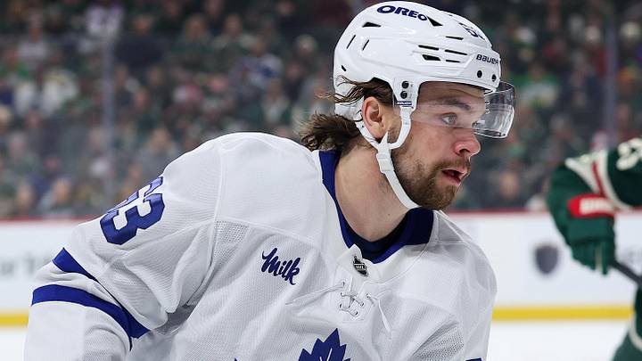 Mar 15, 2026; Saint Paul, Minnesota, USA; Toronto Maple Leafs forward Matias Maccelli skates for the puck against the Minnesota Wild at Grand Casino Arena. Mandatory Credit: Matt Krohn-Imagn Images
