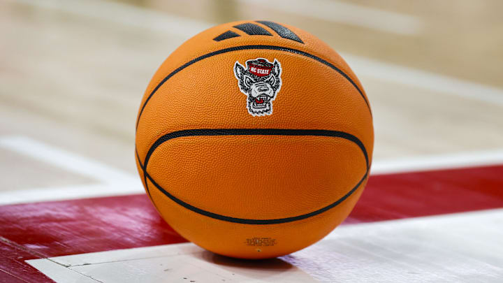 Jan 17, 2026; Raleigh, North Carolina, USA; NC State Wolfpack ball during the second half of the game against the Georgia Tech Yellow Jackets at the Lenovo Center. Mandatory Credit: Jaylynn Nash-Imagn Images