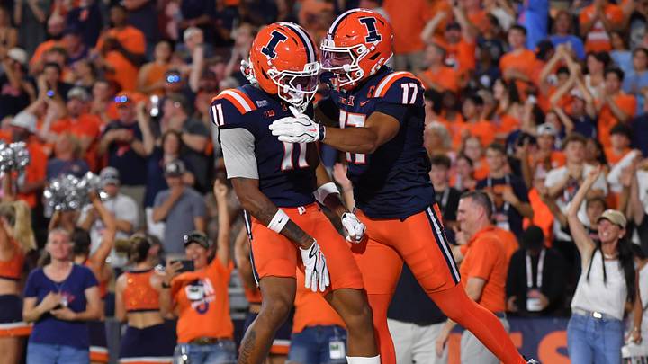 Sep 3, 2026; Champaign, Illinois, USA;  Illinois Fighting Illini wide receiver Collin Dixon (17) celebrates his touchdown with teammate wide receiver Brayden Trimble (11) during the first half at Gies Memorial Stadium.  Mandatory Credit: Ron Johnson-Imagn Images