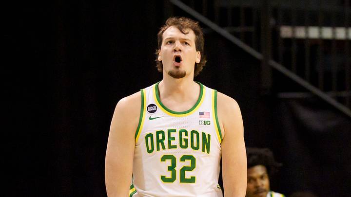 Oregon center Nate Bittle celebrates a shot as the Oregon Ducks host the Washington Huskies on March 7, 2026, at Matthew Knight Arena in Eugene, Oregon.