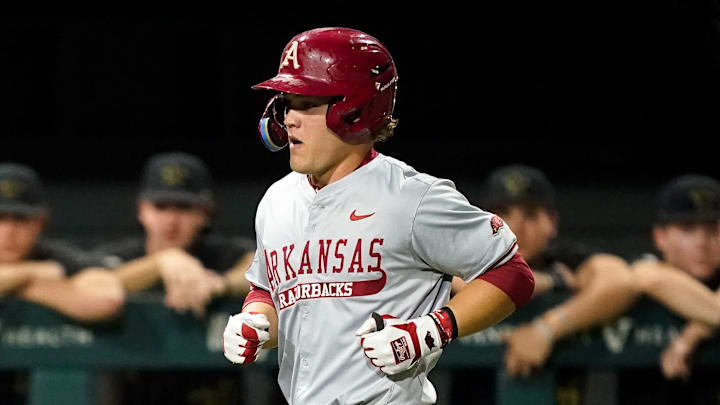 Arkansas first baseman Cam Kozeal runs the bases on his two-run home run against Vanderbilt during the fourth inning at Hawkins Field in Nashville, Tenn.