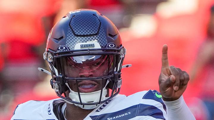 Seattle Seahawks quarterback Jalen Milroe warms up against the Kansas City Chiefs