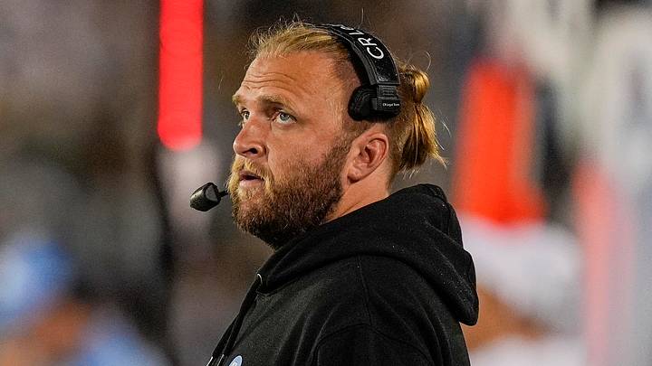 Sep 6, 2025; Charlotte, North Carolina, USA; North Carolina Tar Heels defensive coach Steve Belichick during the first quarter against the Charlotte 49ers at Jerry Richardson Stadium. Mandatory Credit: Jim Dedmon-Imagn Images