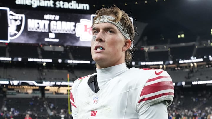 Dec 28, 2025; Paradise, Nevada, USA; New York Giants quarterback Jaxson Dart (6) looks on after the game against the Las Vegas Raiders at Allegiant Stadium.  
