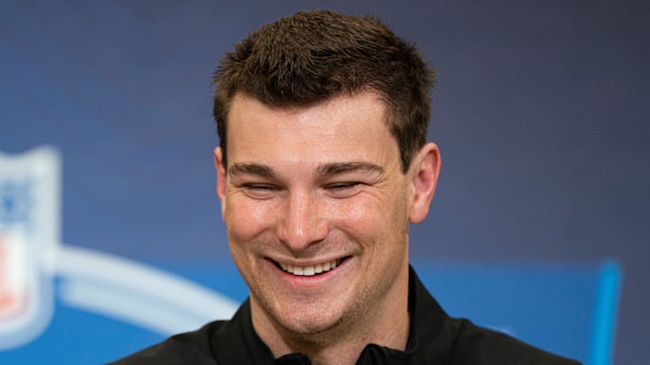 Former Indiana quarterback Fernando Mendoza  speaks to members of the media during the NFL Combine.
