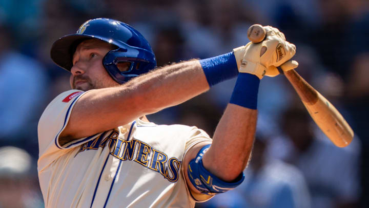 Seattle Mariners catcher Cal Raleigh hits a home run during a game against the Athletics on Aug. 24 at T-Mobile Park. Seattle Mariners catcher Cal Raleigh hits a home run during a game against the Athletics on Aug. 24 at T-Mobile Park.