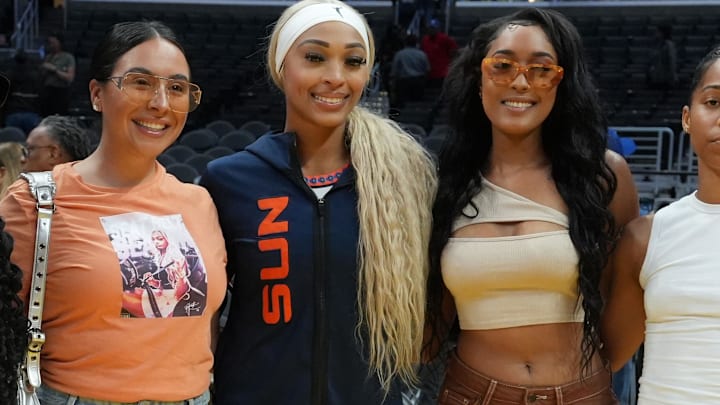 Connecticut Sun guard DiJonai Carrington poses after the game against the LA Sparks at Crypto.com Arena. Connecticut Sun guard DiJonai Carrington poses after the game against the LA Sparks at Crypto.com Arena.