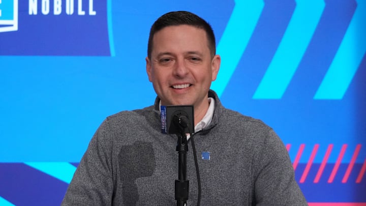 Feb 27, 2024; Indianapolis, IN, USA; New England Patriots director of scouting Eliot Wolf during the NFL Scouting Combine at Indiana Convention Center. Mandatory Credit: Kirby Lee-Imagn Images