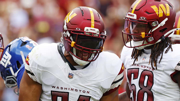 Sep 7, 2025; Landover, Maryland, USA; Washington Commanders linebacker Bobby Wagner (54) celebrates after a play during the second quarter against the New York Giants at Northwest Stadium. Mandatory Credit: Peter Casey-Imagn Images Sep 7, 2025; Landover, Maryland, USA; Washington Commanders linebacker Bobby Wagner (54) celebrates after a play during the second quarter against the New York Giants at Northwest Stadium. Mandatory Credit: Peter Casey-Imagn Images
