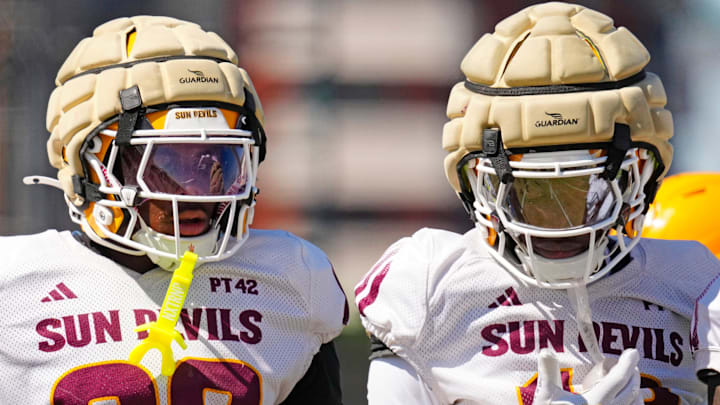 Arizona State defensive back Davis Kinney (28) works on punt drills during a spring practice at Kajikawa practice fields in Tempe, Ariz. on April 14, 2026.
