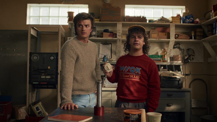 Joe Keery as Steve Harrington and Gaten Matarazzo as Dustin Henderson in Stranger Things: Season 5. 