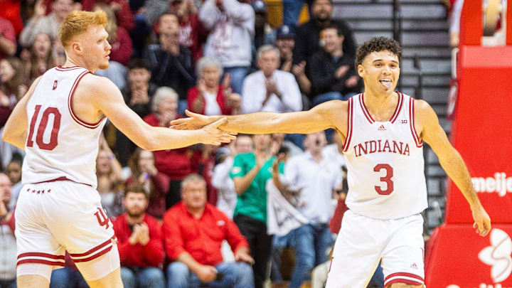 Indiana's Anthony Leal (3) celebrates with Luke Goode (10) after Goode's three-pointer during the Indiana vs. Penn State men's basketball game at Simon Skjodt Assembly Hall on Wednesday, Feb. 26, 2025. Indiana's Anthony Leal (3) celebrates with Luke Goode (10) after Goode's three-pointer during the Indiana vs. Penn State men's basketball game at Simon Skjodt Assembly Hall on Wednesday, Feb. 26, 2025.