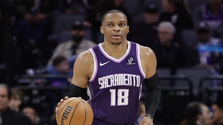 Feb 19, 2026; Sacramento, California, USA; Sacramento Kings guard Russell Westbrook (18) brings the ball down the court against the Orlando Magic during the third quarter at Golden 1 Center.