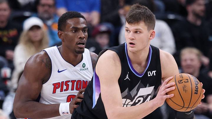 Mar 3, 2025; Salt Lake City, Utah, USA; Utah Jazz center Walker Kessler (24) posts up against Detroit Pistons center Jalen Duren (0) during the first half at Delta Center. Mandatory Credit: Rob Gray-Imagn Images