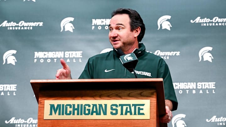 Michigan State coach Jonathan Smith talks the media on the first national signing day for college football recruits Wednesday, Dec. 4, 2024, at Spartan Stadium in East Lansing.