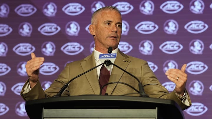 Jul 22, 2024; Charlotte, NC, USA; Florida State head coach Mike Norvell speaks to the media during ACC Kickoff at Hilton Charlotte Uptown. Mandatory Credit: Jim Dedmon-Imagn Images Jul 22, 2024; Charlotte, NC, USA; Florida State head coach Mike Norvell speaks to the media during ACC Kickoff at Hilton Charlotte Uptown. Mandatory Credit: Jim Dedmon-Imagn Images