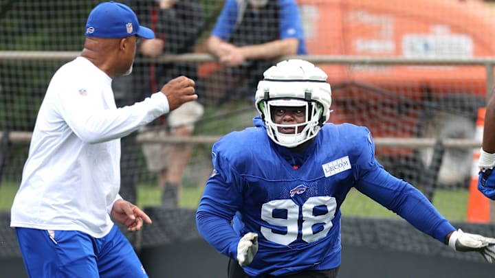 Bills Poona Ford comes free during defensive drills at training camp.