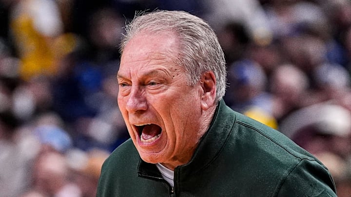 Michigan State head coach Tom Izzo reacts to a play against Louisville during the first half of NCAA Tournament Second Round at KeyBank Center in Buffalo on Saturday, March 21, 2026.