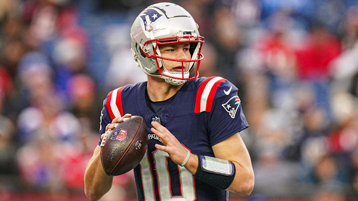Dec 28, 2024; Foxborough, Massachusetts, USA; New England Patriots quarterback Drake Maye (10) looks to pass the ball against the Los Angeles Chargers in the second half at Gillette Stadium. Mandatory Credit: David Butler II-Imagn Images