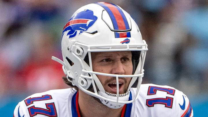 Oct 26, 2025; Charlotte, North Carolina, USA; Buffalo Bills quarterback Josh Allen (17) at the line of scrimmage in the third quarter at Bank of America Stadium. Mandatory Credit: Bob Donnan-Imagn Images
