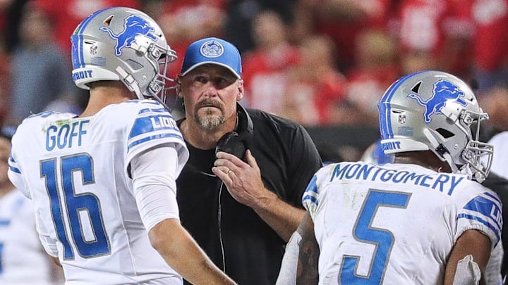 Detroit Lions quarterback Jared Goff (16) talks to head coach Dan Campbell before a play against Kansas City Chiefs during the second half at Arrowhead Stadium in Kansas City, Mo. on Thursday, Sept. 7, 2023.