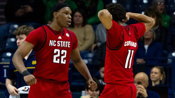 Feb 28, 2026; South Bend, Indiana, USA; NC State Wolfpack forward Ven-Allen Lubin (22) and NC State Wolfpack guard Quadir Copeland (11) celebrate during the first half at Purcell Pavilion at the Joyce Center. Mandatory Credit: Michael Caterina-Imagn Images Feb 28, 2026; South Bend, Indiana, USA; NC State Wolfpack forward Ven-Allen Lubin (22) and NC State Wolfpack guard Quadir Copeland (11) celebrate during the first half at Purcell Pavilion at the Joyce Center. Mandatory Credit: Michael Caterina-Imagn Images