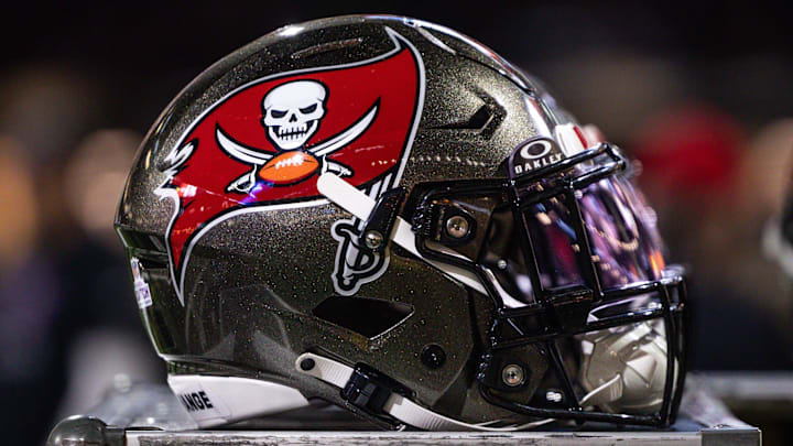 Oct 13, 2024; New Orleans, Louisiana, USA;  Detailed view of the Tampa Bay Buccaneers helmet against the New Orleans Saints during the first half at Caesars Superdome. Mandatory Credit: Stephen Lew-Imagn Images