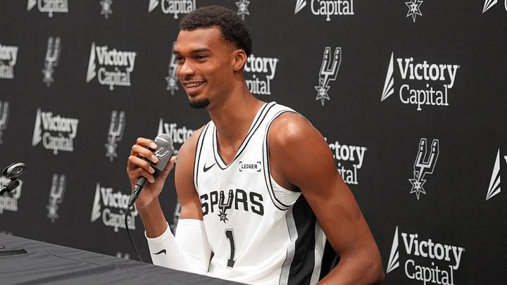 Sep 28, 2026; San Antonio, TX, USA; San Antonio Spurs forward Victor Wembanyama (1) answers questions from the media during Media Day at Victory Capital Performance Center in San Antonio, Texas. Sep 28, 2026; San Antonio, TX, USA; San Antonio Spurs forward Victor Wembanyama (1) answers questions from the media during Media Day at Victory Capital Performance Center in San Antonio, Texas.