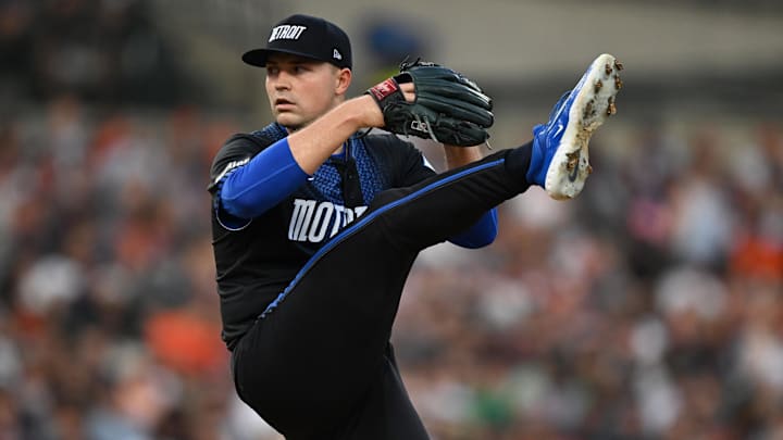 Jul 11, 2025; Detroit, Michigan, USA; Detroit Tigers starting pitcher Tarik Skubal (29) throws a pitch against the Seattle Mariners in the fifth inning at Comerica Park.