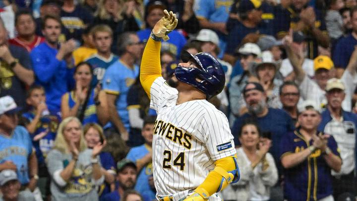 Aug 29, 2026; Milwaukee, Wisconsin, USA;  Milwaukee Brewers catcher William Contreras (24) reacts after hitting a solo home run in the first inning against the Texas Rangers at American Family Field.  Mandatory Credit: Benny Sieu-Imagn Images
