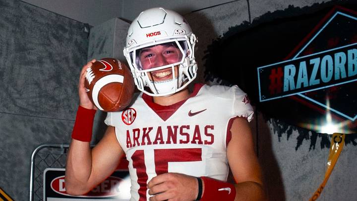 Arkansas Razorbacks 2027 quarterback commit Cason Myers during his official visit May 29. Arkansas Razorbacks 2027 quarterback commit Cason Myers during his official visit May 29.