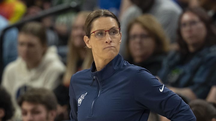 Aug 24, 2025; Minneapolis, Minnesota, USA; Indiana Fever head coach Stephanie White looks on against the Minnesota Lynx in the second half at Target Center. Mandatory Credit: Jesse Johnson-Imagn Images