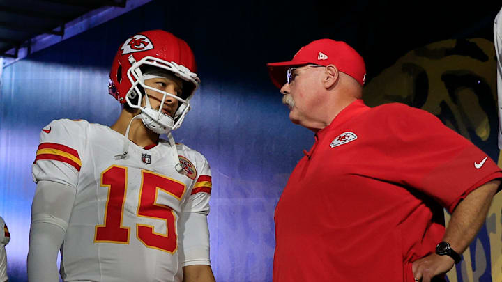 Kansas City Chiefs quarterback Patrick Mahomes (15) talks with head coach Andy Reid with tight end Travis Kelce (87) before an NFL football matchup at EverBank Stadium, Monday, Oct. 6, 2025, in Jacksonville, Fla. The Jacksonville Jaguars edged the Kansas City Chiefs 31-28. [Corey Perrine/Florida Times-Union]