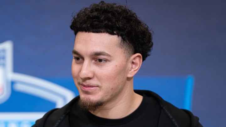 Feb 27, 2026; Indianapolis, IN, USA; Tennessee quarterback Joey Aguilar (QB01) speaks to members of the media during the NFL Combine at the Indiana Convention Center. Mandatory Credit: Jacob Musselman-Imagn Images
