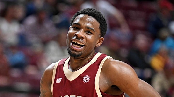 Feb 17, 2026; Tallahassee, Florida, USA; Boston College Eagles guard Fred Payne (5) and Florida State Seminoles guard Martin Somerville (1) during the first half at Donald L. Tucker Center. Mandatory Credit: Melina Myers-Imagn Images